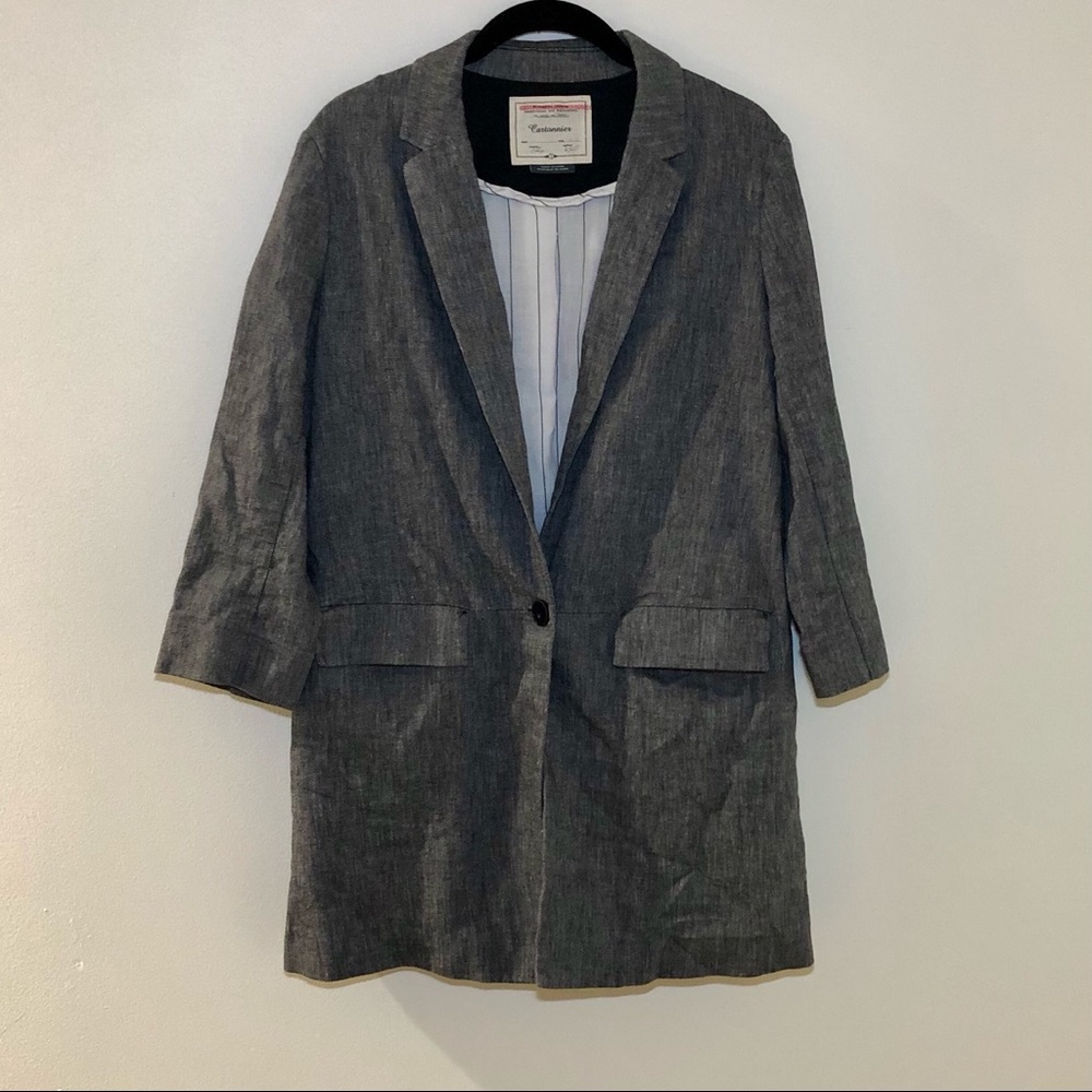 anthropologie gray 3/4 sleeve long blazer